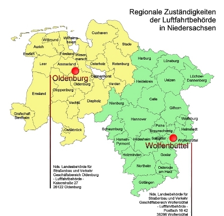 Regionale Zuständigkeiten der Luftfahrtbehörde in Niedersachsen