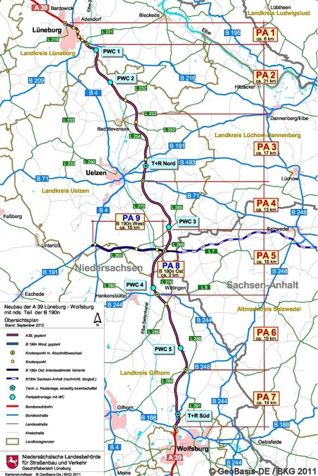 Die geplante Autobahn 39 zwischen Lüneburg und Wolfsburg mit den einzelnen Planungsabschnitten in der Übersicht