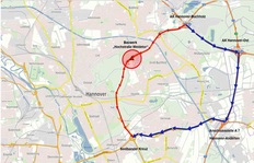Großräumige Umleitung des Verkehrs >3,5 Tonnen (blaue Strecke)