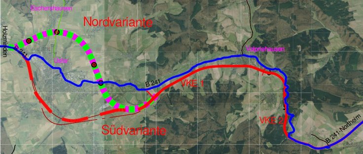 Die möglichen Varianten der Ortsumgehung Uslar und der weitere Verlauf der verlegten B 241