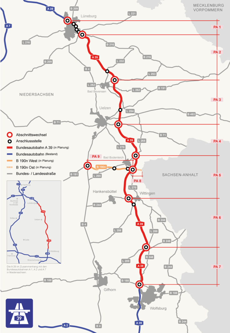 Die geplante Autobahn 39 zwischen Lüneburg und Wolfsburg mit den einzelnen Planungsabschnitten in der Übersicht