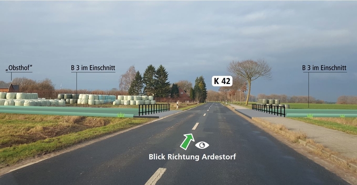 Konstruiertes Foto (Stand 2019) zur Veranschaulichung der neuen B 3 im Einschnitt, gesehen von der K 42 in Blickrichtung Ardestorf.