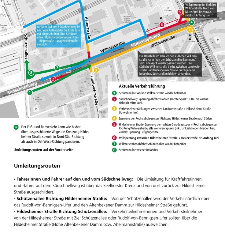 Aktuelle Verkehrsführung im Bereich Südschnellweg/ Hildesheimer Straße/ Willmerstraße