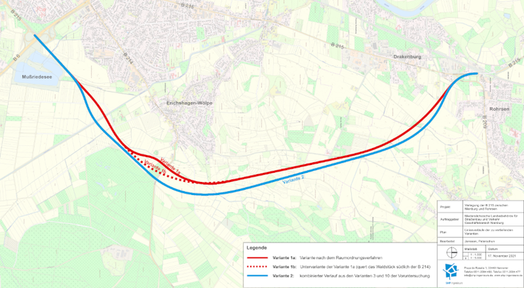 Übersichtsplan Variantenauswahl für die Verlegung der B 215