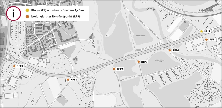 Südschnellweg Hannover: Standorte der Vermessungspfeiler zwischen Leine und Landwehrkreisel (Stand Juli 2022)
