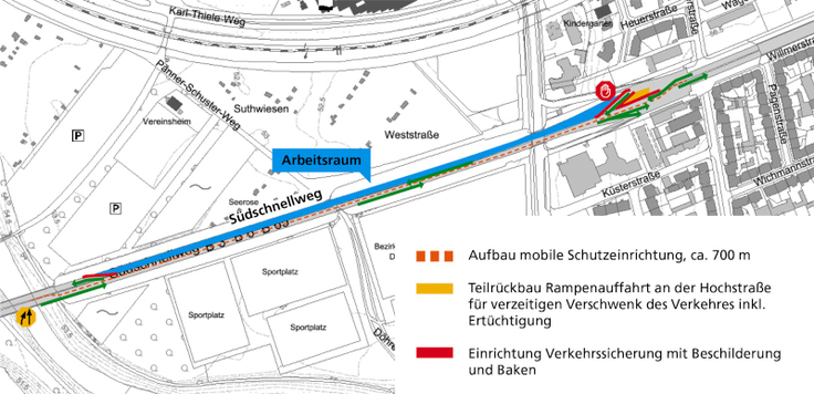 Der Verkehr auf dem Südschnellweg wird von vier auf zwei Fahrspuren verengt. Die Änderung gilt bis auf weiteres. Der Grund: Die gesperrte Fahrbahn wird dauerhaft zu einem Teil der Baufläche für die Ersatzbrücke über die Hildesheimer Straße.