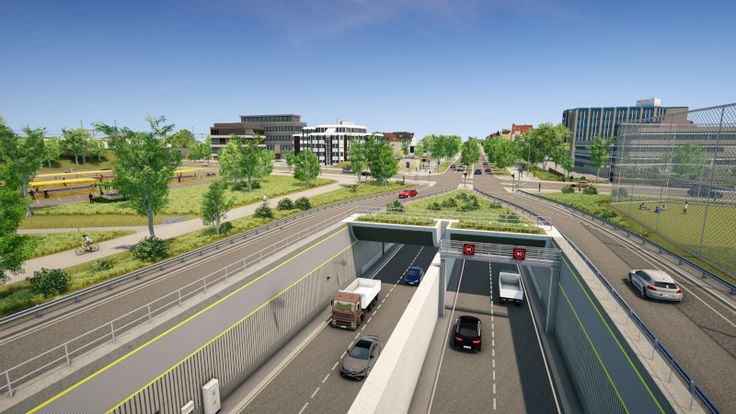 Die Visualisierung zeigt das künftige Tunnelportal der B 3 / des Südschnellwegs an der Schützenallee in Hannover. Der Verkehr läuft unterirdisch und taucht erst hinter der Hildesheimer Straße wieder auf.
