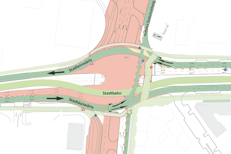 So wird die Kreuzung Hildesheimer bis auf weiteres aussehen: die Fahrbahnen und die Stadtbahn (grün) machen einen Bogen um die Südschnellwegbaustelle (rot). In hellgrün die Rad- und Fußwege.
