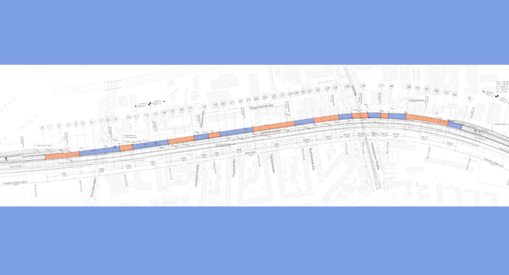 18 Teilbrücken (Tragwerke oder Teilbauwerke genannt) werden zur Ersatzbrücke für den Südschnellwegverkehr zusammengesetzt.