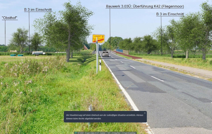 Fotosimulation aus dem B-3-Projektatlas zur Veranschaulichung der neuen B 3 im Einschnitt, gesehen von der K 42 in Blickrichtung Ardestorf