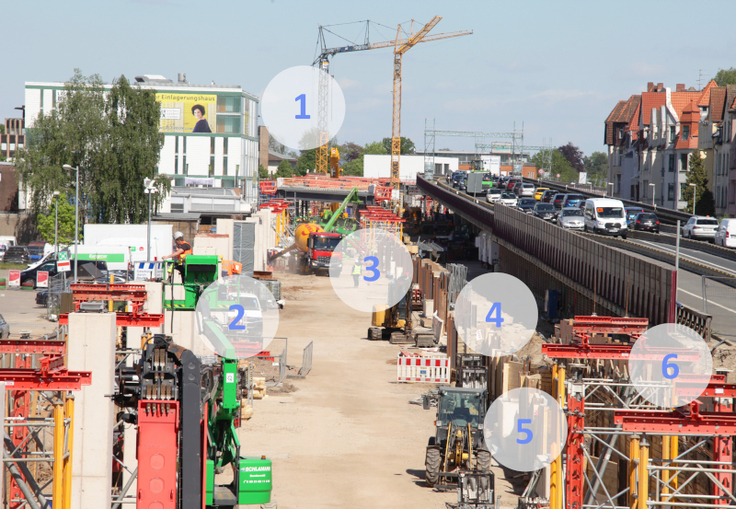Ein ganz normaler Tag auf der Baustelle - die Detailbilder erklären das, was sich hinter den Nummern verbirgt.
