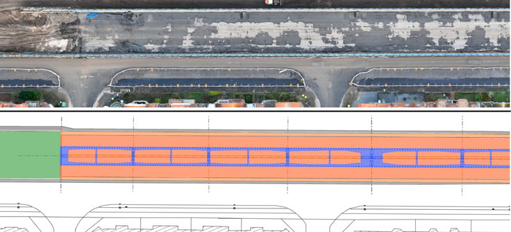 Plan (unten) und Luftaufnahme (oben) im Detail - hier der Bereich von Pagen- bis Cäcilienstraße.