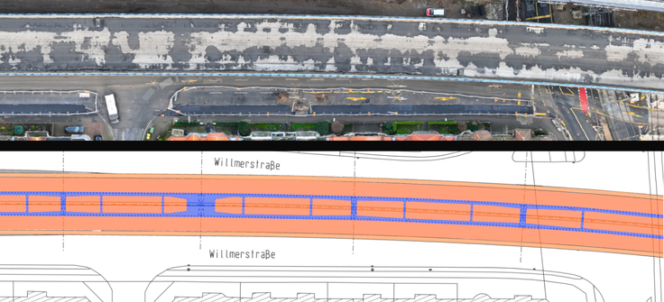 Plan (unten) und Luftaufnahme (oben) im Detail - hier der Bereich von Spartanerstraße und Hildesheimer Str.