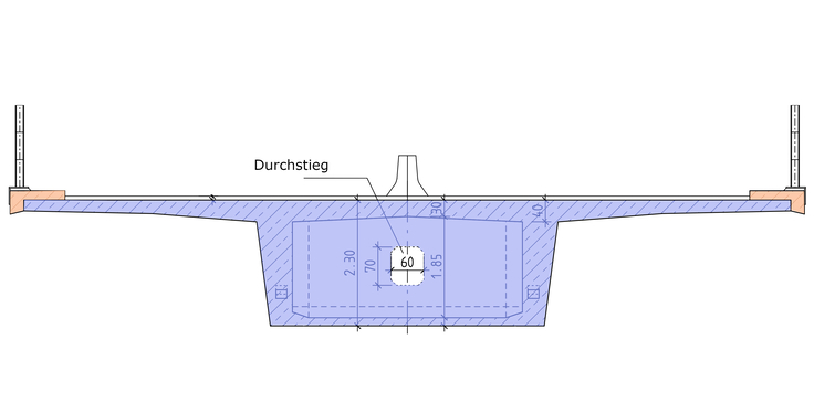 Querschnitt durch die Brücke über die Hildesheimer Str. Rechts und links die Lärmschutzwände, in der Mitte die Fahrbahntrenner. Das kleine Loch in der Mitte ist der Durchstieg für Brückenprüfer.