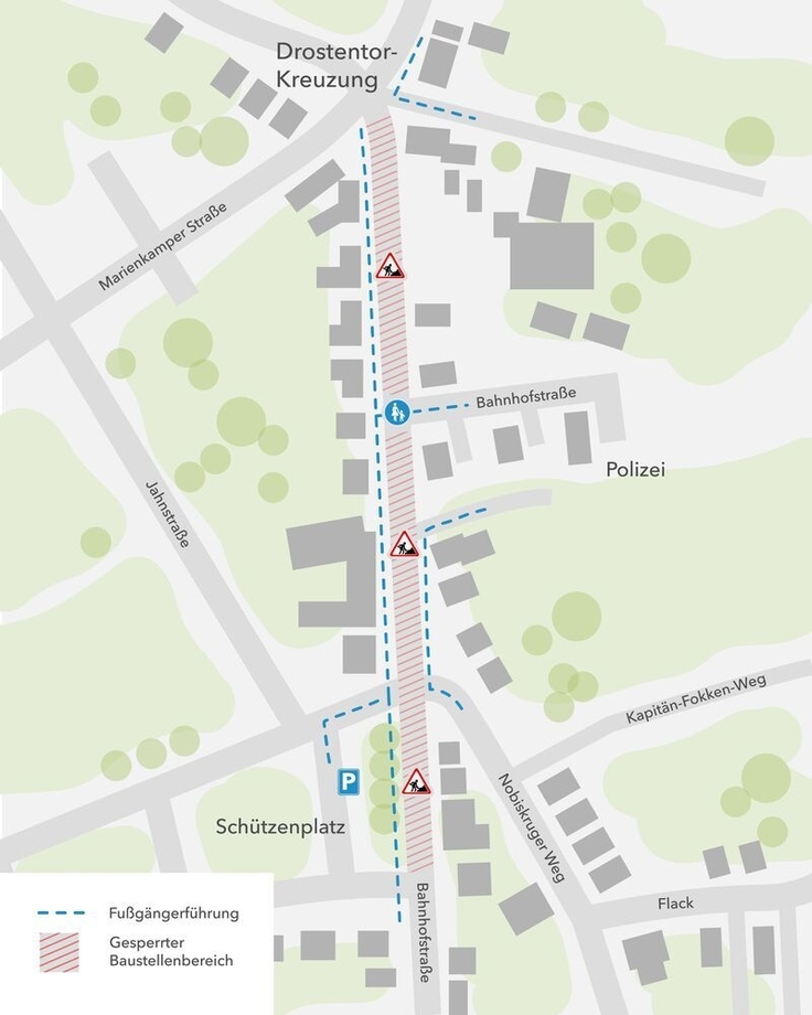 Die Grafik zeigt den Baustellenbereich sowie die Fußgängerführung.
