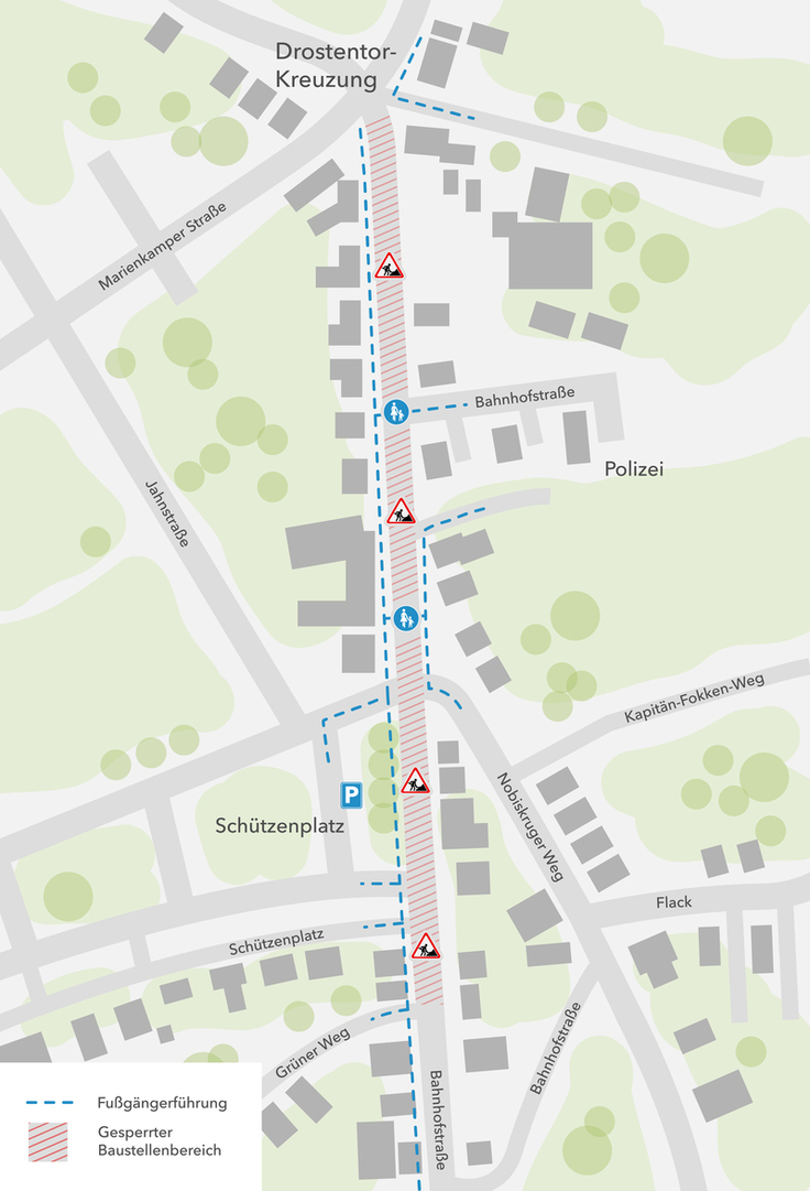 Die Grafik zeigt den Baustellenbereich sowie die Fußgängerführung.