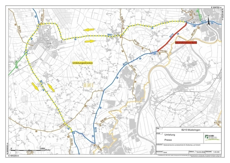Die Umleitungskarte für die Sperrung der B 214 ab dem 30. März.