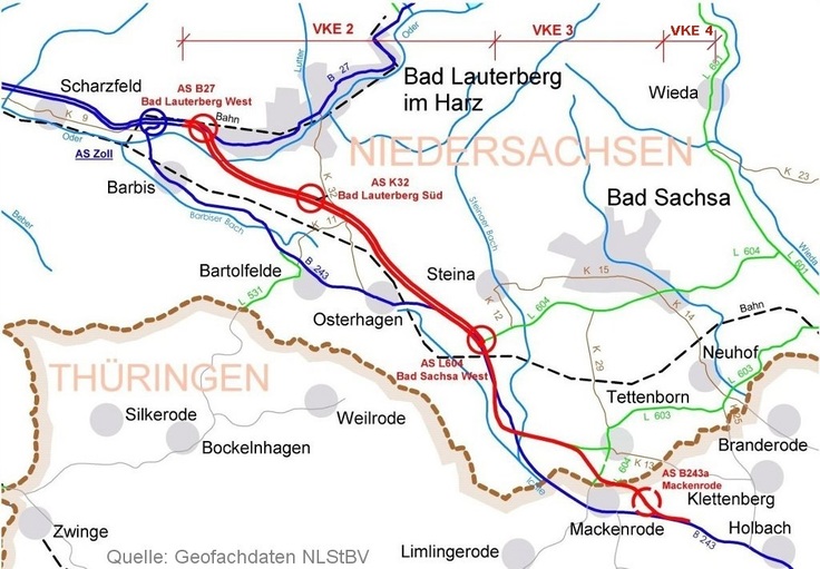 Die B 243 im Südharzraum wird verlegt: die Verkehrseinheit (VKE) 2 bildet die Ortsumgehung Barbis, die VKE 3 führt als Teil der Ortsumgehung Mackenrode nach Thüringen und schließt dort an die VKE 4 an