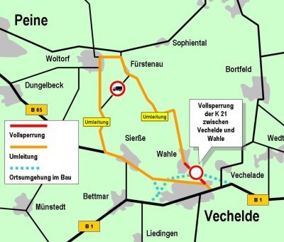 Umleitungsstrecke während der Vollsperrung der Kreisstraße 21