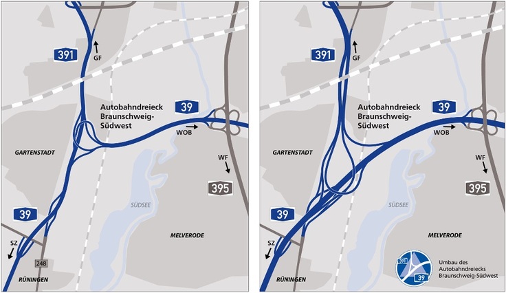 Das Autobahndreieck Braunschweig-Südwest vor dem Umbau (links) und danach (rechts)